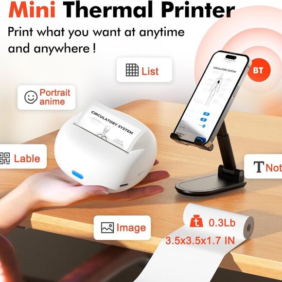 Sticker Printer Mini Thermal Printer with 5 Rolls Paper Inkless(White) Brand New - Picture 2 of 9